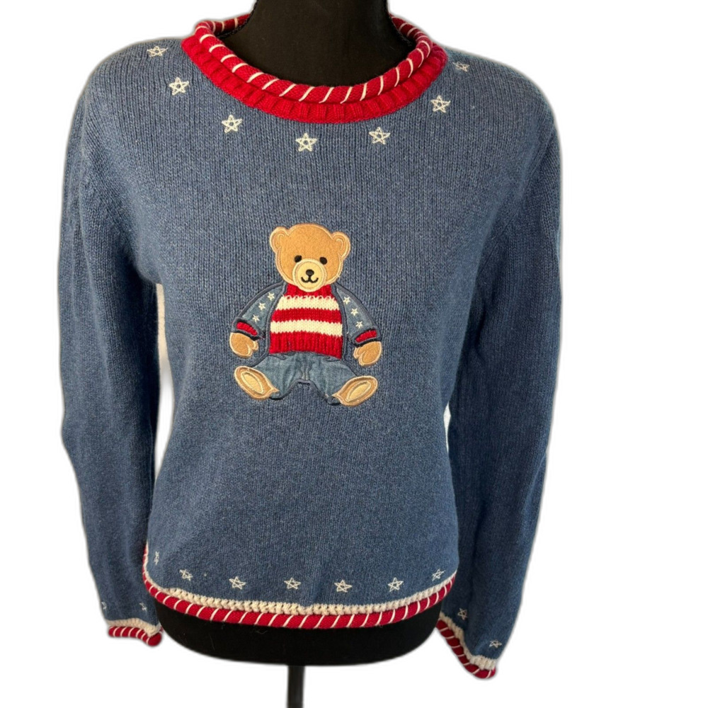 VTG 90s Christopher & Banks Hand Embroidered Teddy Bear Sweater Size Medium